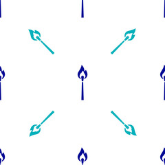 Blue Burning match with fire icon isolated seamless pattern on white background. Match with fire. Matches sign. Vector