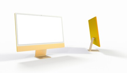 Computer display mock up with blank white screen. Stylish desktop computer mockup 3D