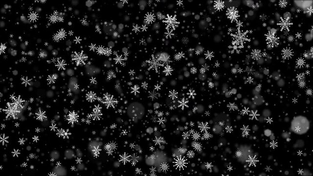 Christmas and New Year background - falling  beautiful different kinds of snowflakes and bokeh particles with glitter effect. Seamless loop. PNG codec with alpha channel - transparent background