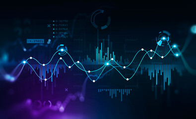 Virtual stock market lines and financial charts over dark background. Concept of finance advisory and international consulting. Huds, numbers and line graphs