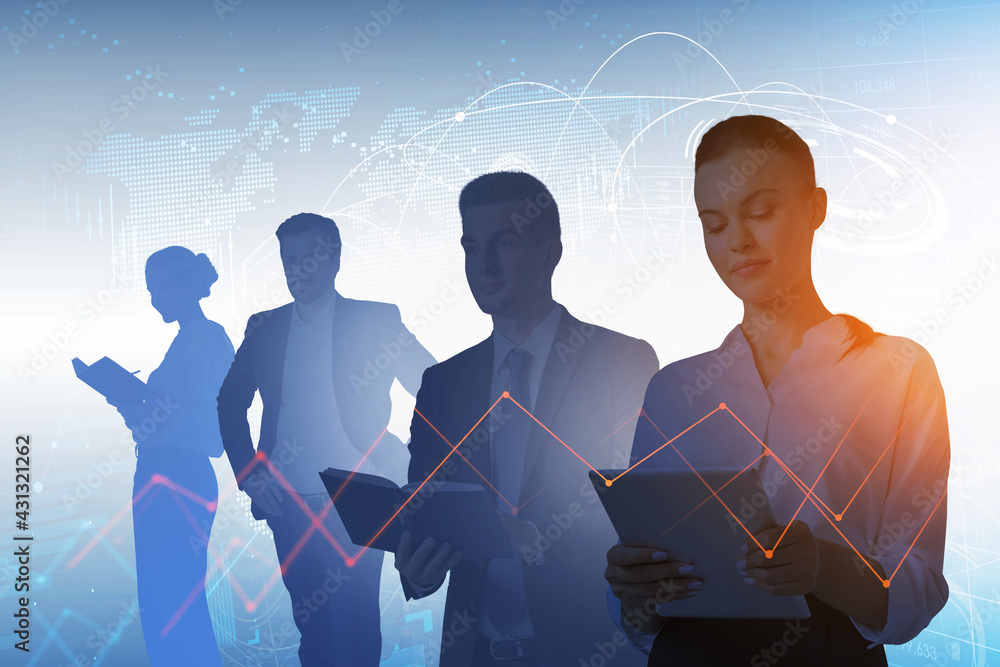 Poster business people with notebook and devices, graph changes lines and world map