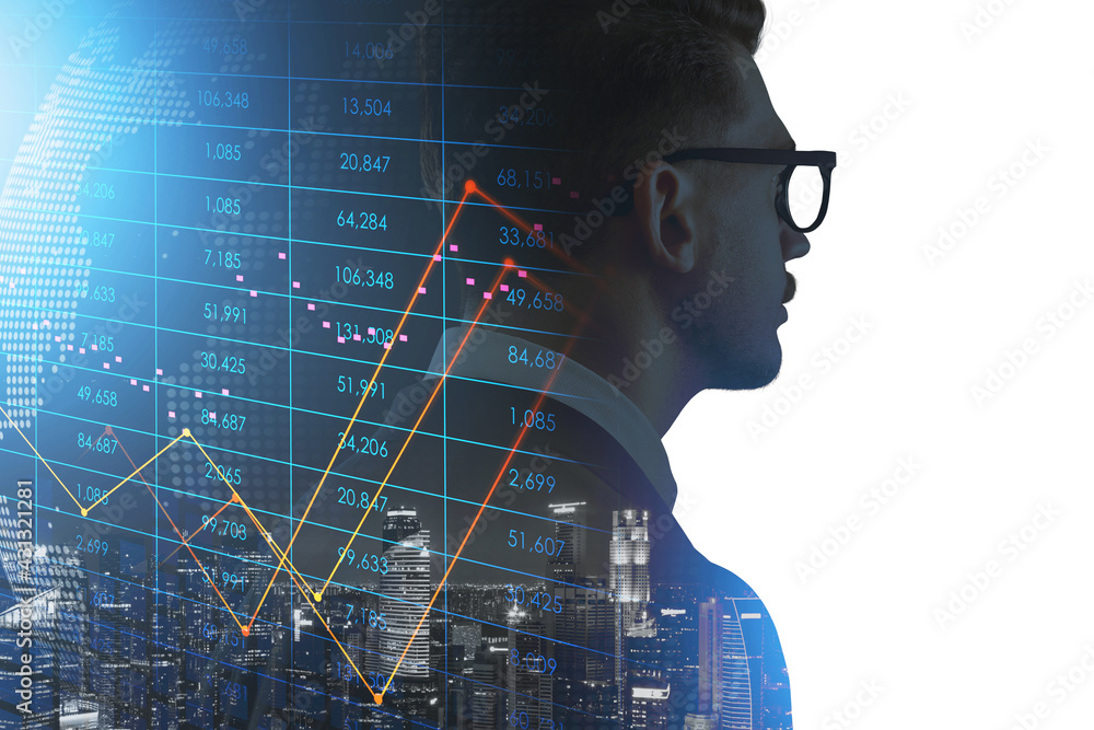 Canvas Prints businessman profile, graph chart and numbers with skyscrapers at night