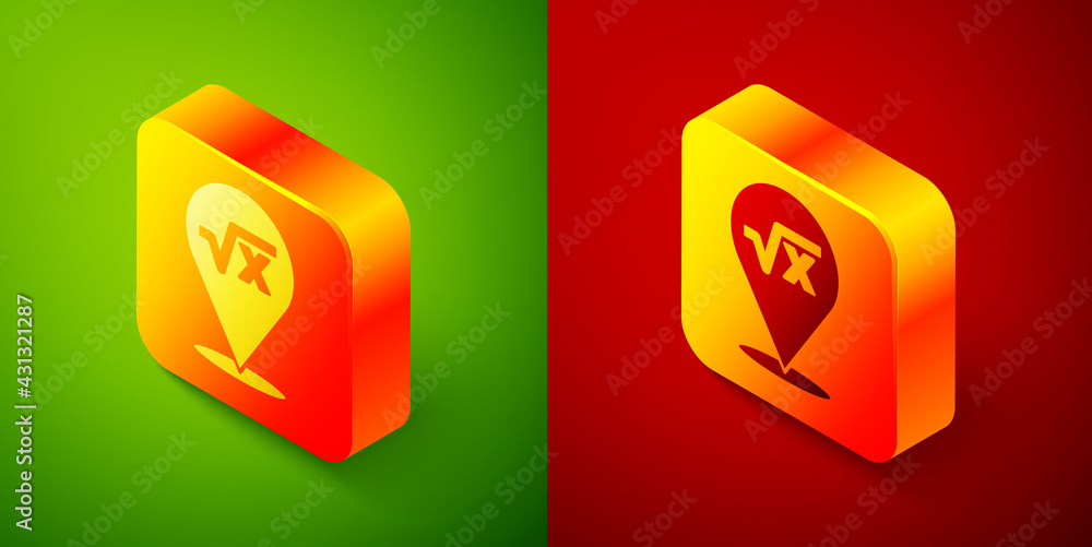 Poster isometric square root of x glyph icon isolated on green and red background. mathematical expression.