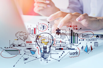 Businesswoman hands typing in laptop, double exposure with network circuit and data storage and new ideas for business. Manager in global communication. Range of business development icons