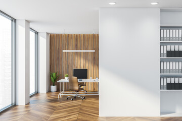 Wooden and white manager room with furniture and shelf, mockup
