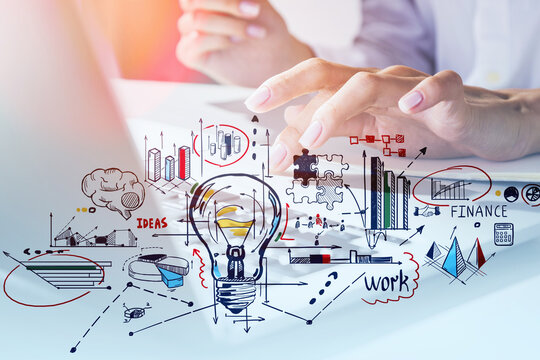 Businesswoman hands typing in laptop, double exposure with network circuit and data storage and new ideas for business. Manager in global communication. Range of business development icons