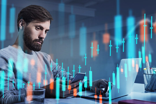 Beard handsome businessman with smartphone. Stock market changes