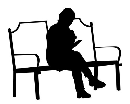 Resting People Sitting On A Park Bench. Isolated Silhouettes On A White Background