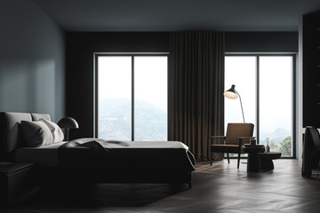 Dark bedroom interior with bed and armchair near panoramic window, mockup