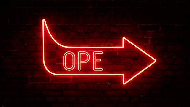 Glowing neon arrows with the inscription open on a brick wall background. Futuristic laser background. Can be used to create a variety of presentations, news, online media, social media. Looped