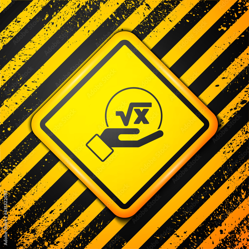 Poster black square root of x glyph icon isolated on yellow background. mathematical expression. warning si