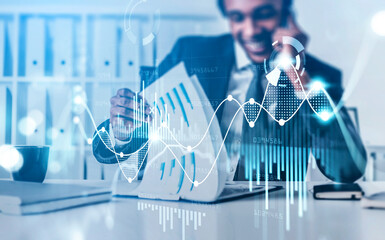 African American businessman talking phone and working with business papers. Graph changes, forex financial dynamics. Double exposure of lines, pie chart and numbers. Concept of analysis