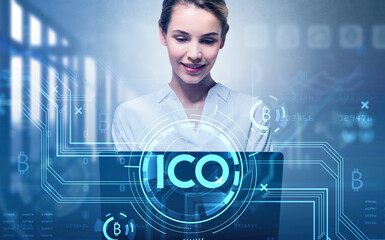 Businesswoman or cryptocurrency trader analyzing bitcoin market after ICO procedure, portrait view...