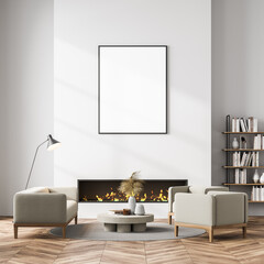 Living room interior with white empty poster and fireplace