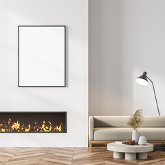 Living room interior with fireplace, white empty poster on wall