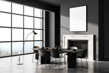Grey dining room interior fireplace and minimalist furniture, mockup poster