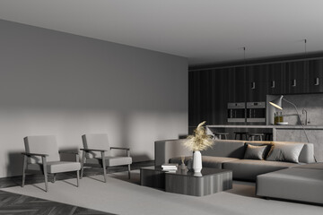 Interior of modern kitchen with wooden floor, furniture, table and chairs, big couch in the middle of living room space. Home architecture concept. Copy space wall.
