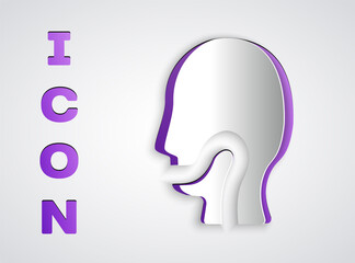 Paper cut Sore throat icon isolated on grey background. Pain in throat. Flu, grippe, influenza, angina. Healthcare and medical. Paper art style. Vector