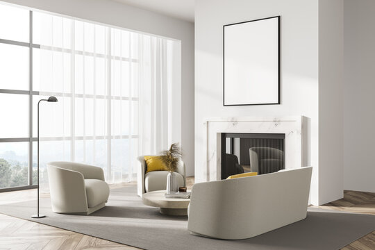 White living room interior with fireplace, seats and window, mockup poster