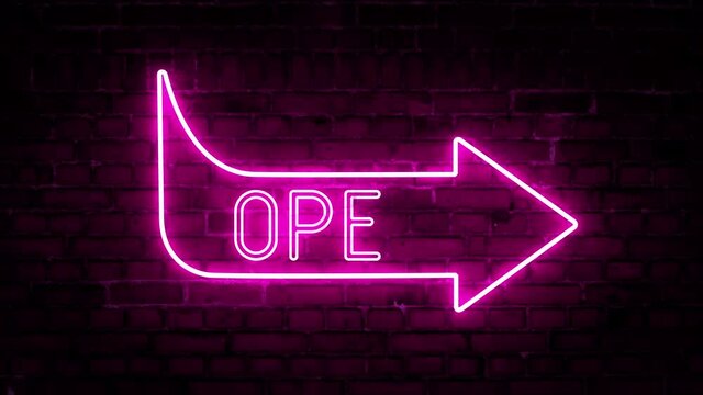 Glowing neon arrows with the inscription open on a brick wall background. Futuristic laser background. Can be used to create a variety of presentations, news, online media, social media. Looped