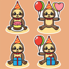 Vector illustration of cute Little Sloth Party cartoon set. Good for icon, logo, label, sticker, clipart.