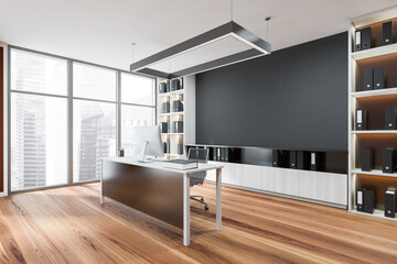 Business consulting room interior with furniture and computer, mockup