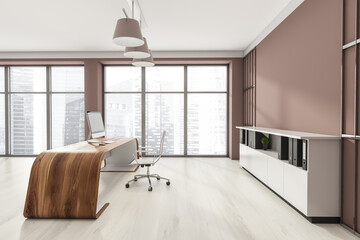 Head of company's office interior with table and desktop computer, shelf with folders, white armchairs. Mockup copy space wall. Panoramic window.