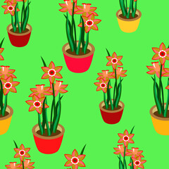 Daffodiles in pot, vector seamless pattern.