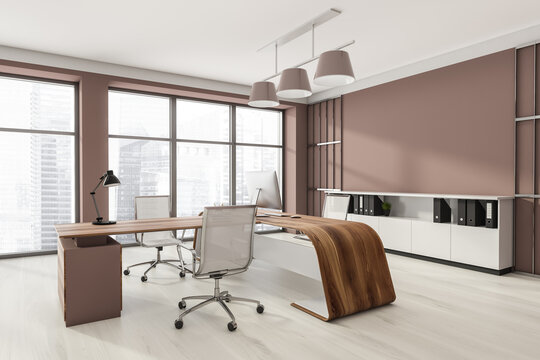 Head of company's office interior with table and desktop computer, shelf with folders, white armchairs. Mockup copy space wall. Panoramic window.