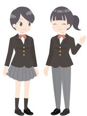 スカートとスラックの制服を着る女子生徒のイラスト