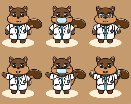 Vector illustration of cute Squirrel Doctor cartoon. Cute Squirrel expression character design bundle. Good for icon, logo, label, sticker, clipart.
