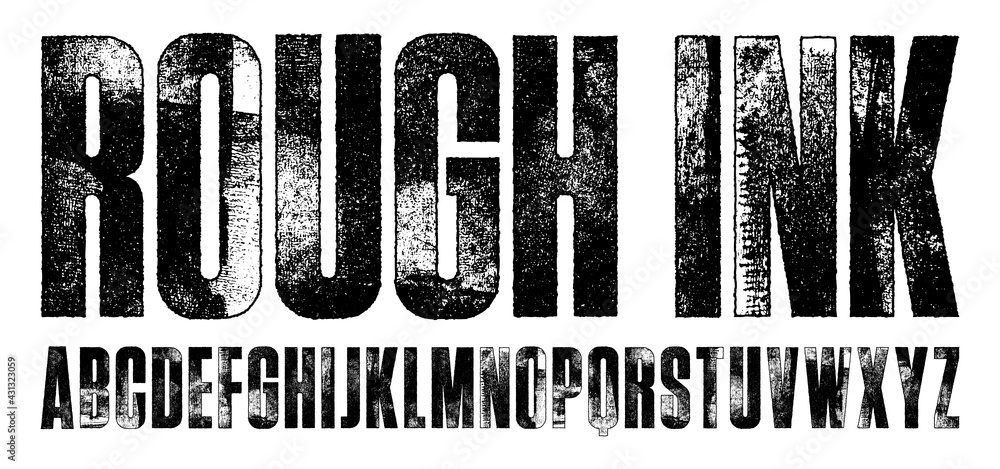 Fototapete rough ink condensed font. highly detailed individually textured characters with a rough inked letter