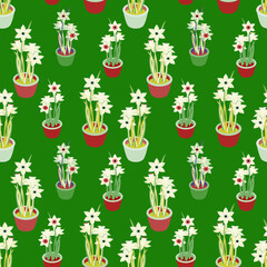 Daffodiles in pot, vector seamless pattern.