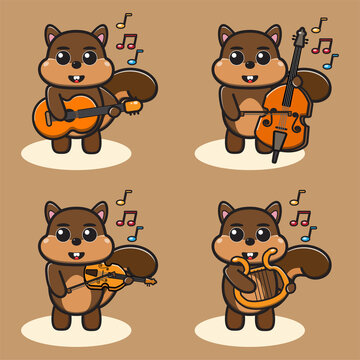 Vector illustration of cute Squirrel Music cartoon. Cute Squirrel expression character design bundle. Good for icon, logo, label, sticker, clipart.