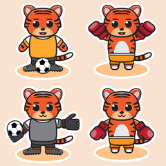 Vector illustration of cute Tiger Boxing and Football cartoon. Cute Tiger expression character design bundle. Good for icon, logo, label, sticker, clipart.
