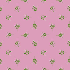 Fototapeta na wymiar Little green wildflowers doodle seamless pattern in doodle style. Pink background. Summer bloom print.