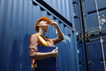 Young Engineers standing in the shipping yard tracking the cargo inventory and checking container box for safety.