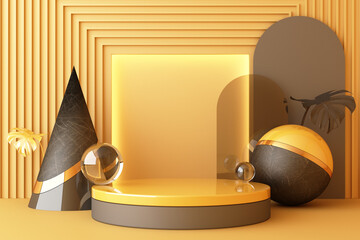 Mock up composition of geometric shape gold and glass texture with yellow color podium for product design, 3d rendering, 3d illustration