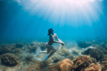 Fototapeta na wymiar Freediver woman glides underwater with sand in hand. Free diver with fins posing in transparent sea