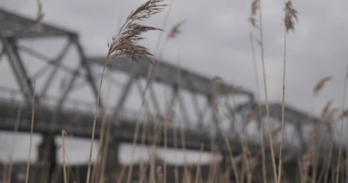 bridge over the river in the village of Ust-Luga on a cloudy winter day