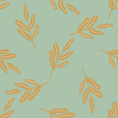 Fototapeta na wymiar Pale tones floral seamless pattern with random foliage leaves orange silhouettes. Turquoise background.