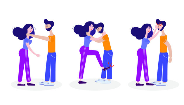 Self-defense. Self-defense technique for a woman. Protection from bullies. Vector educational illustration.