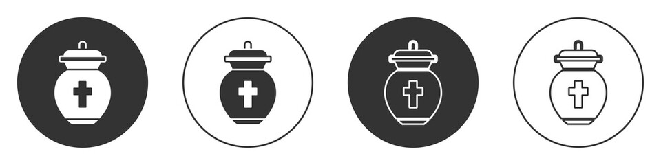 Black Funeral urn icon isolated on white background. Cremation and burial containers, columbarium vases, jars and pots with ashes. Circle button. Vector