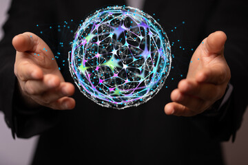 Global network. Blockchain. 3D illustration. Neural networks and artificial intelligence. Abstract