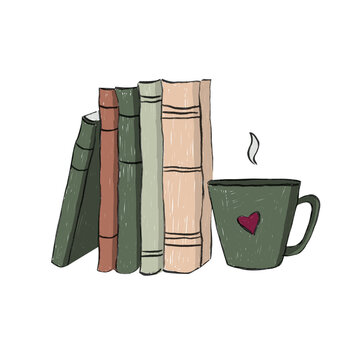 books and a cup of coffee. sticker for book lovers. cover for stories