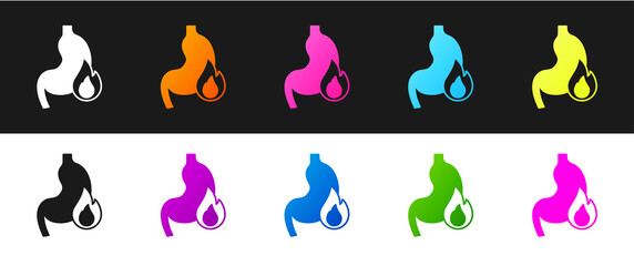 Set Stomach heartburn icon isolated on black and white background. Stomach burn. Gastritis and acid reflux, indigestion and stomach pain problems. Vector