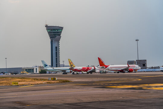Shamshabad, Telangana, India, April 2021, apron and modern control tower of Rajiv Gandhi International Airport (HYD, VOHS) view from airside