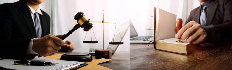 Business and lawyers discussing contract papers with brass scale on desk in office. Law, legal services, advice, justice and law concept picture with film grain effect