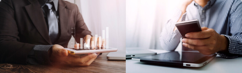 Cropped shot group of businesspeople using graph chart and computer laptop, tablet discussing about business plan together in modern office.