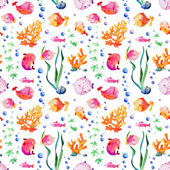 Watercolor underwater seamless pattern. Seaweed, fishes, corals, air bubbles and stones on a white background.  